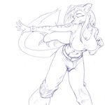  belt bracelet breasts bulge cherri_(character) cleavage clothed dancing dragon eyes_closed feline hair herm hybrid intersex jeans jewelry line_art midriff monochrome scalie skunk solo standing stripes tail tarlanur tiger 
