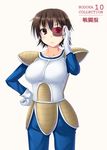  armor brown_eyes brown_hair cosplay dragon_ball dragon_ball_z k-on! manabe_nodoka miyai_sen scouter short_hair solo vegeta vegeta_(cosplay) 