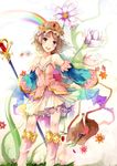  atelier_(series) atelier_totori bare_shoulders blue_eyes blue_sleeves boots brown_hair detached_sleeves flower hat highres knee_boots multicolored multicolored_ribbon nanahara_fuyuki pink_footwear ribbon short_hair skirt solo totooria_helmold 