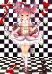  bad_id bad_pixiv_id blush bubble_skirt checkered checkered_floor choker floating_hair gloves heart highres kaname_madoka magical_girl mahou_shoujo_madoka_magica oruto_(ort+) pink_eyes pink_hair puffy_sleeves ribbon shoes short_hair short_twintails skirt smile solo twintails white_gloves 