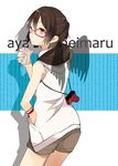  alternate_costume alternate_hairstyle bad_id bad_pixiv_id bare_shoulders bespectacled camera casual character_name contemporary drink drinking from_behind glasses half_updo hand_in_pocket looking_at_viewer looking_back pun2 shadow shameimaru_aya shorts sleeveless solo touhou wings 
