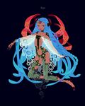  blue_hair dark_skin horns kneeling lace long_hair original rakuchii_(rurituvo) solo 