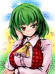  ascot breast_hold breasts green_hair hand_on_own_face head_tilt itsuku kazami_yuuka large_breasts lips plaid plaid_vest red_eyes short_hair smile solo touhou vest 