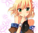  bare_shoulders blonde_hair blush breasts green_eyes hand_to_own_mouth medium_breasts mizuhashi_parsee pointy_ears short_hair solo teruteru-deru touhou upper_body wrist_cuffs 