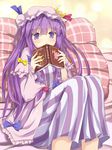  blush book covering_mouth crescent dress efe face hat madoka_runes patchouli_knowledge pillow purple_dress purple_eyes purple_hair runes sitting solo touhou 