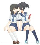  black_hair black_rock_shooter blush closed_eyes food full_body green_eyes grin holding_hands kuroi_mato multiple_girls nagian pocky pocky_kiss school_uniform serafuku shared_food short_hair sitting skirt smile takanashi_yomi teeth yuri 