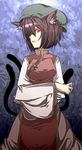  animal_ears brown_hair cat_ears cat_tail chen china_dress chinese_clothes crossed_arms dress face glowing glowing_eyes harusame_(unmei_no_ikasumi) hat multiple_tails older red_eyes short_hair solo tail touhou 