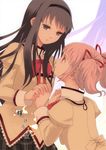  akemi_homura bad_id bad_pixiv_id black_hair bow fysr hair_bow hair_ornament hair_ribbon hairband holding_hands kaname_madoka long_hair looking_up mahou_shoujo_madoka_magica mitakihara_school_uniform multiple_girls pink_eyes pink_hair purple_eyes red_eyes ribbon school_uniform short_hair translated twintails yuri 