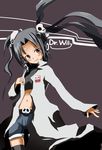  albert_w_wily black_hair brown_hair genderswap headset highres labcoat long_hair navel rockman skull solo thighhighs twintails yamaque zettai_ryouiki 