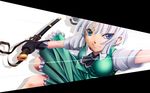  &gt;:) ascot black_gloves blue_eyes bob_cut bow breasts gloves hair_bow impossible_clothes impossible_shirt katana konpaku_youmu looking_at_viewer medium_breasts scabbard sheath sheathed shirt silver_hair skirt slashing smile solo sword touhou uraomote v-shaped_eyebrows vest weapon 