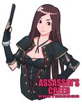  assassin's_creed:_brotherhood assassin's_creed_(series) breasts brown_eyes brown_hair cleavage closed_fan fan fingerless_gloves folding_fan g-room_honten gloves highres long_hair medium_breasts solo the_courtesan 