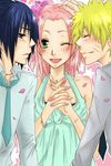  black_hair blonde_hair blush bracelet flower green_eyes haruno_sakura jewelry misaki726 nail_polish naruto pink_hair team7 team_7 uchiha_sasuke uzumaki_naruto 