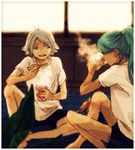  ahoge bad_id bad_pixiv_id blue_hair chopsticks cup_ramen eating food fubuki_shirou inazuma_eleven inazuma_eleven_(series) kazemaru_ichirouta keshizumi long_hair male_focus multiple_boys noodles ponytail sitting white_hair 