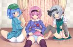  ass bad_id bad_pixiv_id black_legwear blue_eyes blue_hair blush bob_cut eyeball hairband hat kawashiro_nitori komeiji_satori konpaku_youmu koucha_(nodoka-123) looking_back multiple_girls panties purple_eyes purple_hair short_hair silver_hair sitting skirt skirt_lift spread_legs striped striped_panties thighhighs third_eye touhou trefoil two_side_up underwear white_panties 