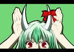  bow ex-keine green_hair horns joshi_kousei kaen_(hirencs) kamishirasawa_keine letterboxed parody red_eyes simple_background solo touhou 