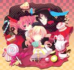  2girls bad_id bad_pixiv_id beret black_hair blonde_hair cake candy charlotte_(madoka_magica) checkered checkered_background cheese cup cupcake dated drill_hair dual_persona fingerless_gloves food fruit genderswap genderswap_(ftm) gloves grin hair_ornament hand_on_another's_cheek hand_on_another's_face hat hobak horn hug kiwifruit lollipop magical_girl mahou_shoujo_madoka_magica multiple_girls nail_polish personification pink_eyes pink_hair signature smile strawberry teacup teapot tomoe_mami tomoe_mamiya twin_drills twintails upper_body watermark yellow_eyes 