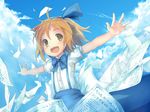  alice_margatroid alice_margatroid_(pc-98) blonde_hair blue_hairband cloud day fred04142 hairband happy outstretched_arms paper sky smile solo spread_arms touhou touhou_(pc-98) yellow_eyes 