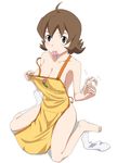  apron bare_shoulders barefoot blush breasts brown_eyes brown_hair cleavage condom condom_in_mouth danball_senki full_body large_breasts mouth_hold naked_apron ribonzu short_hair simple_background single_sock sitting socks solo strap_slip wariza white_background white_legwear yamano_marie 