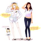  blonde_hair blue_eyes brittany_s_pierce brown_eyes brown_hair chibi dark_skin engrish glee hat hyun-k legs long_hair midriff multiple_girls ranguage santana_lopez shorts 