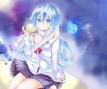  ahoge antenna_hair bad_id bad_pixiv_id bare_shoulders blue_eyes blue_hair blush bow breasts denpa_onna_to_seishun_otoko long_hair off_shoulder open_clothes open_shirt scarf school_uniform shirt sitting skirt small_breasts smile solo space telescope touwa_erio tsuzuri_(itosousou) ufo very_long_hair 