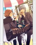  bad_id bad_pixiv_id brown_hair closed_eyes eating food food_on_face french_fries futaba_hazuki grey_hair hanamura_yousuke headphones headphones_around_neck houndstooth male_focus multiple_boys narukami_yuu persona persona_4 sandwich school_uniform sitting 