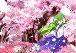  cherry_blossoms closed_eyes detached_sleeves field flower flower_field frog green_hair hand_in_hair kochiya_sanae long_hair nunua solo touhou 