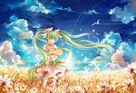  bad_id bad_pixiv_id closed_eyes cloud dress flower green_hair hair_flower hair_ornament hat hat_basket hat_removed hatsune_miku headwear_removed holding holding_hat instocklee long_hair sky solo twintails very_long_hair vocaloid windmill 