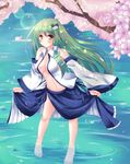 bad_id bad_pixiv_id bare_legs barefoot blush branch breasts brown_eyes cherry_blossoms cleavage detached_sleeves frog_hair_ornament green_hair hair_ornament highres kochiya_sanae large_breasts long_hair navel open_clothes open_shirt petals second_heaven shirt skirt skirt_lift smile snake_hair_ornament solo touhou wading water yellow_eyes 
