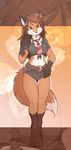  belt breasts brown_hair camel_toe canine chest_tuft clothed clothing cutoffs digitigrade female fox green_eyes hair long_brown_hair long_hair looking_at_viewer midriff navel necktie orange shirt shorts skimpy solo tail tongue twinkle-sez wide_hips 