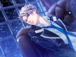  artist_request blue_eyes blue_neckwear emblem game_cg glasses grey_hair long_sleeves male_focus necktie rimless_eyewear shiranui_kazuki shirt solo starry_sky_(game) white_shirt 