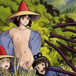  brown_eyes brown_hair censored character_request flat_chest forest ghibli hair_rings hat ikechan imminent_rape japanese_clothes kaya_(mononoke_hime) mononoke_hime mosaic_censoring multiple_girls outdoors scared studio_ghibli tentacle undressing 