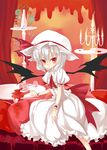  bat_wings blood candle dress flower futaki_nia glass hat pillow plant pool_of_blood red_eyes red_flower red_rose remilia_scarlet rose silver_hair sitting solo spilling table touhou vines white_dress wings 
