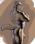  brown_theme butt canine male mammal monochrome muscles nude penis poop_(artist) pose solo tail uncut wolf 