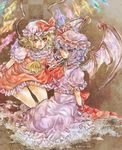  arm_support bad_id bad_pixiv_id bat_wings blonde_hair checkered checkered_background claws dress fangs fingernails flandre_scarlet frilled_dress frills hat hat_ribbon long_fingernails madogawa marker_(medium) multiple_girls open_mouth purple_hair remilia_scarlet ribbon short_hair short_sleeves siblings sisters sitting touhou traditional_media wings wrist_cuffs 