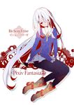  black_legwear boots cross cross_necklace fingerless_gloves gloves jewelry kurot long_hair necklace pantyhose pixiv_fantasia pixiv_fantasia_5 pleated_skirt red_eyes silver_hair sitting skirt solo very_long_hair white_hair 