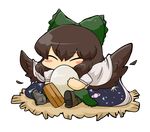  arm_cannon bad_id bad_pixiv_id blush_stickers bow brown_hair cape chibi closed_eyes egg green_bow hair_bow mismatched_footwear nest nura_(oaaaaaa) reiuji_utsuho sitting solo touhou transparent_background weapon wings 