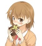  blazer blush brown_eyes brown_hair gift hair_ornament hairpin heart holding holding_gift jacket misaka_mikoto mukunoki_nanatsu school_uniform solo to_aru_kagaku_no_railgun to_aru_majutsu_no_index uniform valentine wavy_mouth 