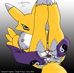  2002 akuji breasts canine chest_tuft digimon elbow_gloves face_markings female fingering fox furball green_eyes legs_up looking_at_viewer masturbation on_back pussy pussy_juice renamon solo spread_pussy spreading tail tracing yellow 