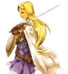  belt blonde_hair cape female final_fantasy final_fantasy_tactics gauntlets gloves knight knight_(fft) long_hair range_talio shield simple_background solo sword weapon white_background 