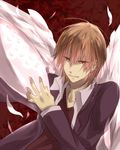  ahoge angel_wings bberry brown_hair feathers formal hands kakine_teitoku male_focus open_clothes open_shirt red_eyes shirt smile solo sweater to_aru_majutsu_no_index wings 