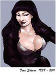  black_hair black_lipstick breasts brown_eyes cleavage eyeshadow face highres large_breasts lips lipstick long_hair makeup mole real_life real_life_insert realistic smile solo tura_satana vigwer 