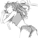  ass baba_arumi bad_id bad_pixiv_id bare_shoulders cellphone closed_eyes crop_top denim denim_shorts greyscale long_hair lying midriff monochrome neon_genesis_evangelion phone short_shorts shorts sleeping solo souryuu_asuka_langley 