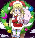  bare_shoulders blonde_hair blue_eyes boots detached_sleeves original santa_costume solo teketeke thighhighs white_legwear 