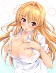  blonde_hair blush body_writing breast_press breasts cleavage fct hair_intakes hououin_touka large_breasts long_hair milk_gakuen open_clothes open_mouth open_shirt pink_eyes shirt smile solo translated 