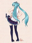  aqua_eyes aqua_hair boots chaki_(imachakin) checkered checkered_background from_behind hands_on_hips hatsune_miku long_hair looking_back skirt solo thigh_boots thighhighs twintails very_long_hair vocaloid 