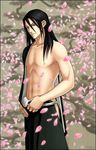  anime black_hair bleach byakuya_kuchiki cherry_blossoms flower_petals hair long_black_hair long_hair looking_at_viewer male solo undressing 