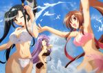  absurdres armpits bachou black_hair blue_eyes bra breasts brown_eyes brown_hair cleavage cloud day detexted highres hiratsuka_tomoya kan'u koihime_musou kouchuu large_breasts lingerie long_hair looking_back multiple_girls navel non-web_source official_art one_eye_closed open_mouth outdoors panties ponytail purple_hair red_eyes side-tie_panties sky smile third-party_edit underwear underwear_only very_long_hair water 