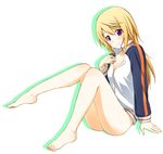  barefoot blonde_hair bottomless breasts charlotte_dunois cleavage feet hamao infinite_stratos jacket legs long_hair long_legs naked_track_jacket purple_eyes small_breasts solo track_jacket zipper 