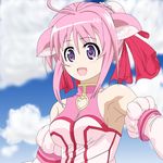  ahoge animal_ears bare_shoulders cloud clouds dog_days dog_ears dog_tail dress hair_ribbon millhiore_f_biscotti open_mouth pink_hair purple_eyes ribbon short_hair sky smile solo tail 