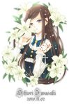  brown_hair cross flower lily_(flower) long_hair necktie original purple_eyes ribbon rosary solo ujou_kazuki 